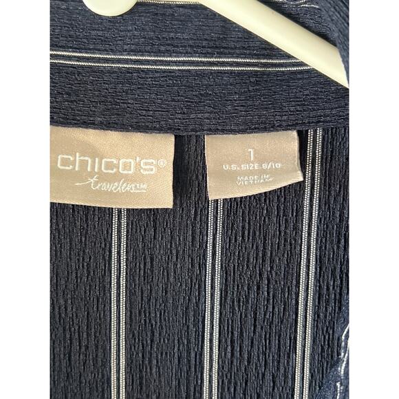 Chico’s Travlers Blouse Tunic Women’s 1(8/10) Navy Blue Strip Collard Button - Picture 5 of 8